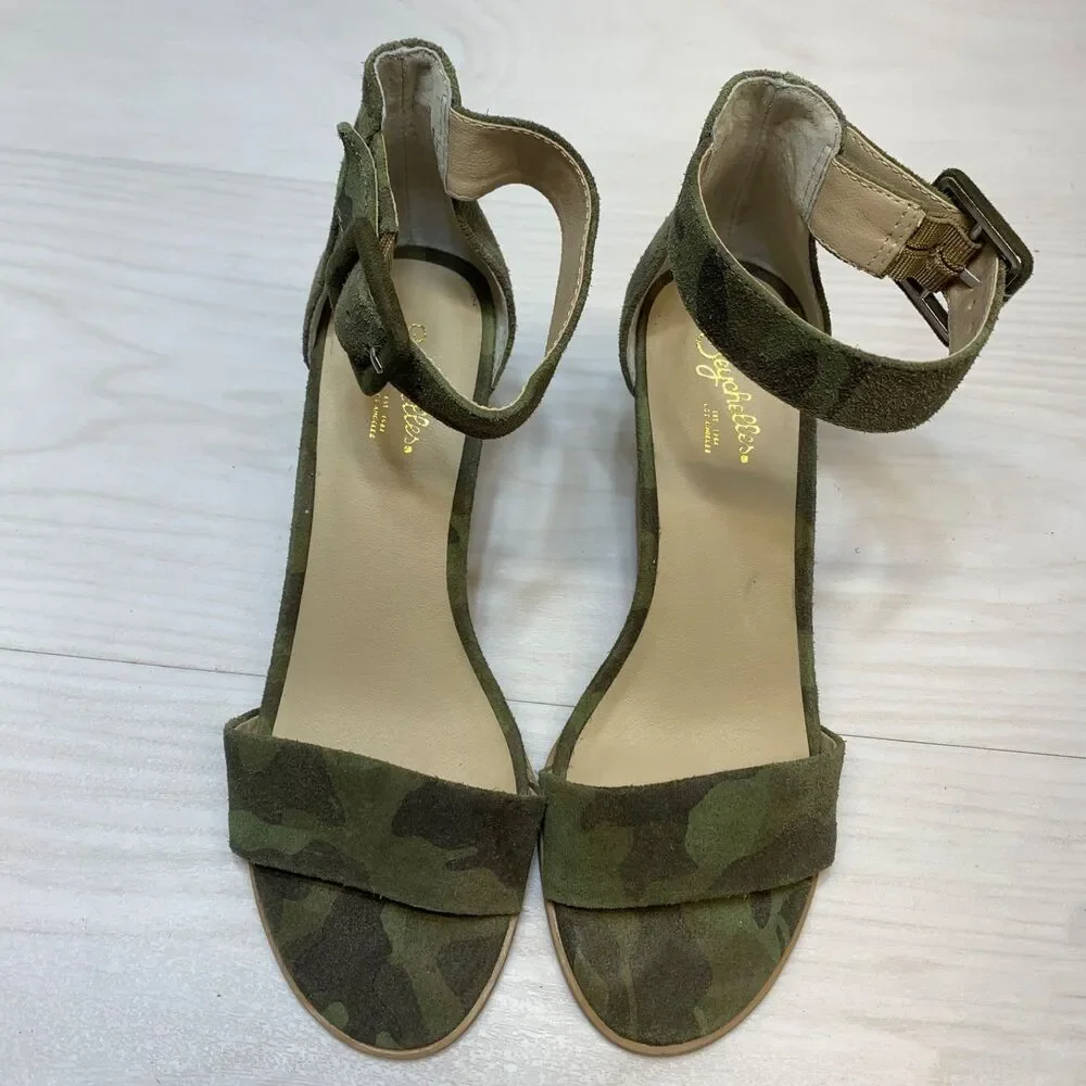 Seychelles Cloud Nine Camo Wedge‎ Heels Sandals Leather Womens 7.5 Green